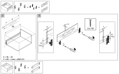 Комплект ящика ArciTech H=282мм L=550мм, с 1 релингом, боковина 94 мм, с доводчиком, антрацит (15364) Hettich