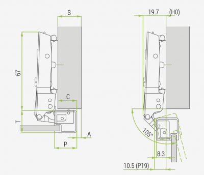 Петля Omnia с доводчиком, для дверей с алюминиевым профилем, откр. 105°, накладно, FGV