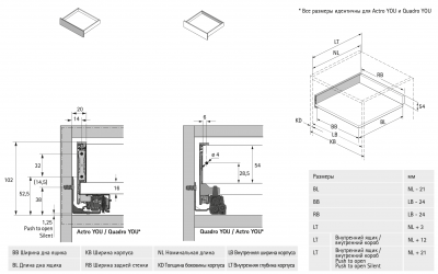 Комплект ящика AvanTech YOU, высота 101 мм, NL 500 мм, Actro YOU Silent System, серебро (17587) Hettich
