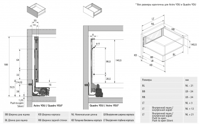 Комплект ящика AvanTech YOU, Inlay под стекло, высота 187 мм, NL 500 мм, Actro YOU Silent System, серебро (15167) Hettich