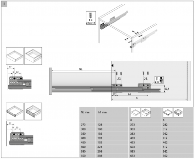 Напрямна Actro з дотягувачем Silent System, L=650 мм, 40 кг, EB 13, права (9239300)
