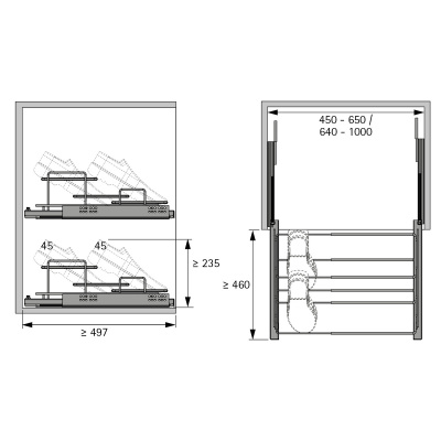 Выдвижная рама для обувной полки, регулируемая ширина, 640 - 1000, хромированная/серебряная (9352743) Hettich