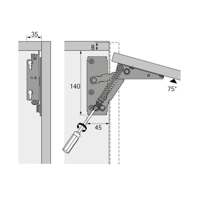 Підйомний механізм для відкидних стулок Lift Junior 75° 4,6кг, сила пружини 80-220N, комплект, з регулюванням (40721)