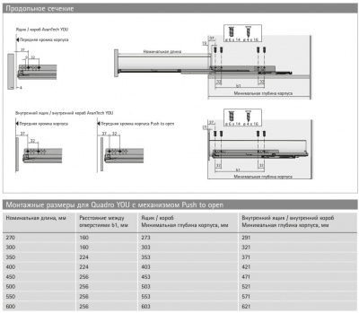 Направляющие Quadro YOU ​​с механизмом Push to open, L-400 мм, EB=21, левая и правая (9256933)