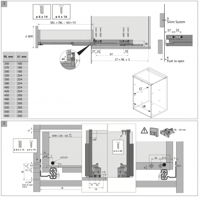 Направляючі Quadro V6 5D з механізмом Push to open, L-550 мм, з фіксаторами (21688) Hettich (21688)