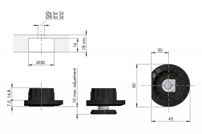 Ніжка Integrato TECH Z врізна Ø30, з регулюванням h=10мм, 175кг, Italiana ferramenta